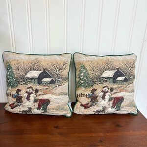 Riverdale Made In USA Cream and Green Holiday Pillows with Snowy Scene